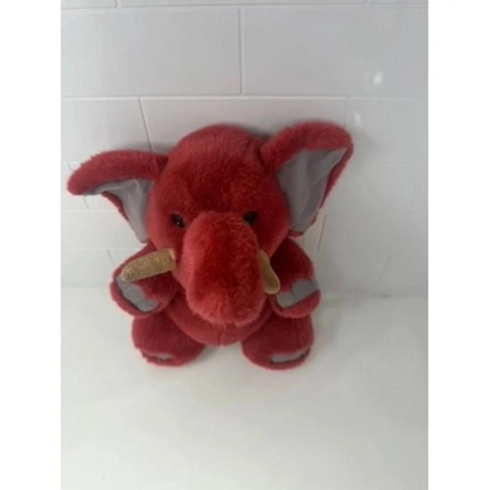 Vintage Red‎ Elephant Plush Stuffed Animal Gold Tusks 13 Inch